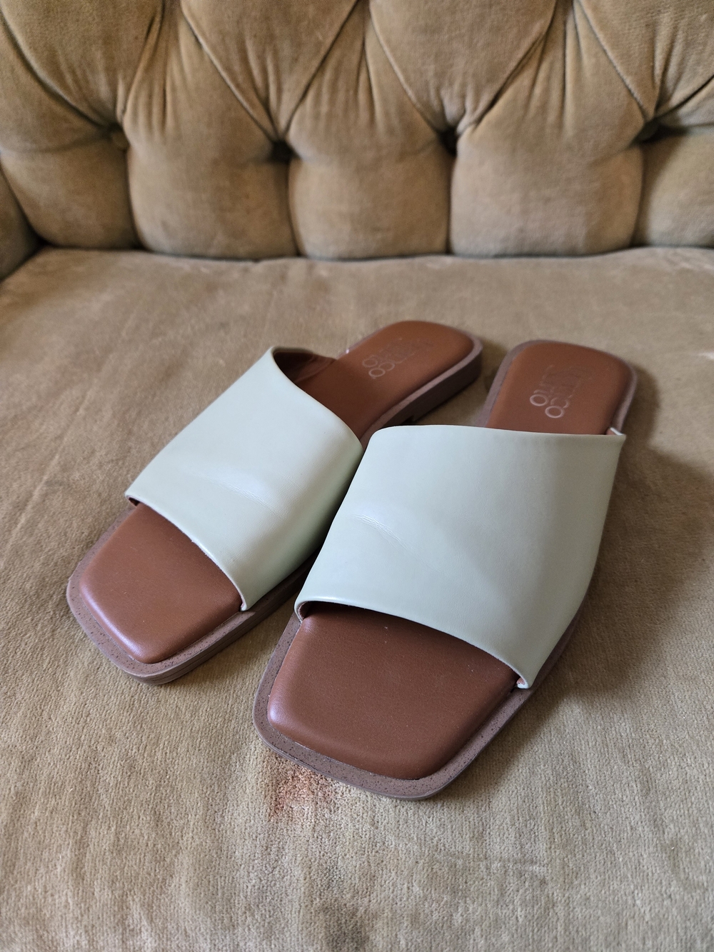 Women’s Pastel Green Slide Sandals with Brown Footbed